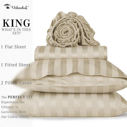 URBANHUT 800 Thread Count Egyptian Cotton Damask Striped King Size Sheets Set (4 Pc) - Ultra Soft & Smooth, Sateen Weave King Size Sheets, Luxury Hotel Sheets with 16" Deep Pocket - Ivory