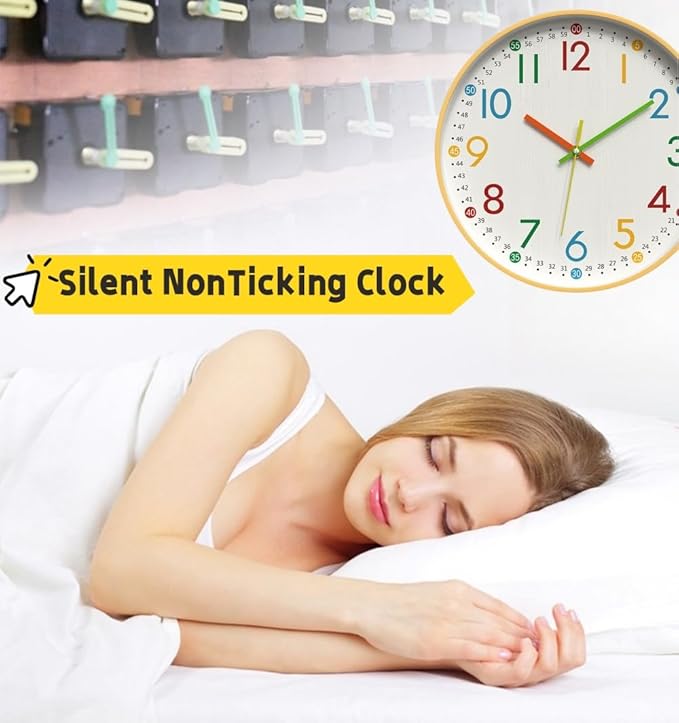 MO-N Silent 12-Inch Wall Clock, Non-Ticking Battery Operated Colorful Clock for Classroom, Bedroom, School, Analog Wall Clock for Time Teaching. (B Type)