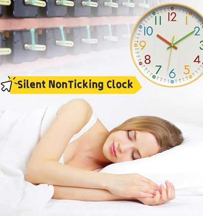 MO-N Silent 12-Inch Wall Clock, Non-Ticking Battery Operated Colorful Clock for Classroom, Bedroom, School, Analog Wall Clock for Time Teaching. (B Type)