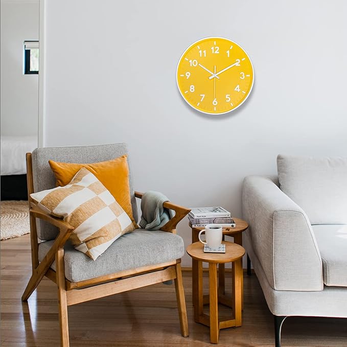 JENLYSTIME 12 Inch Modern Indoor Outdoor Clock,Round Bright Colorful Dial,Non Ticking Silent Quartz Battery Operated Wall Clocks,Easy to Read Simple Style Decor Clock for Bedroom,Kitchen(Yellow)
