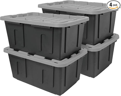CX BLACK & YELLOW, 27-Gallon Heavy Duty Tough Storage Container & Snap-Tight Lid, Black and Grey, (14.3H x 20.6W x 30.6D), Weather-Resistant Design and Stackable Organization Tote [4 Pack]