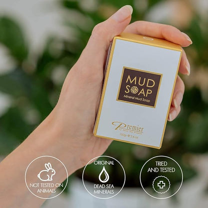 Premier Dead Sea Mineral MUD bar Natural body wash, face wash, hand soap, for all Skin Types. Therapeutic and Antibacterial, helps with Acne, Rosacea, Eczema and Psoriasis, 3.4 Oz