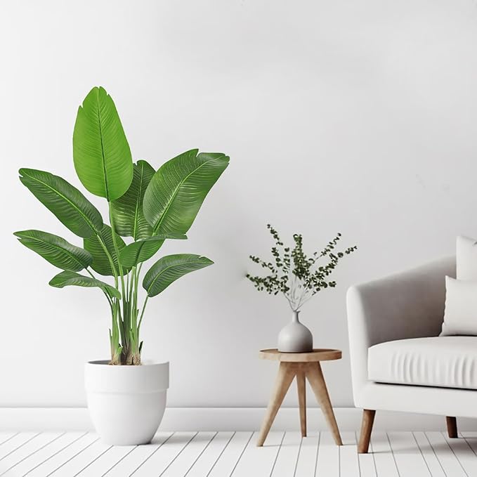 Birds of Paradise Plant Artificial, 4FT Fake Plants Faux Banana Leaf Tree with 9 Banana Leaves, Lifelike Tall Fake Tropical Palm Indoor Silk Floor Plant in Black Pot for House,Office,Room,Home Decor