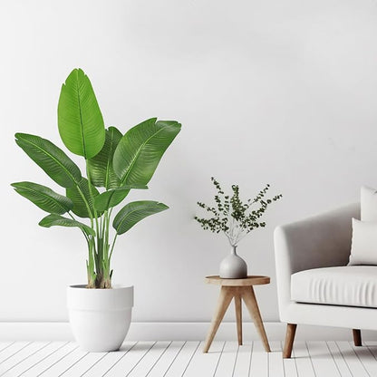 Birds of Paradise Plant Artificial, 4FT Fake Plants Faux Banana Leaf Tree with 9 Banana Leaves, Lifelike Tall Fake Tropical Palm Indoor Silk Floor Plant in Black Pot for House,Office,Room,Home Decor