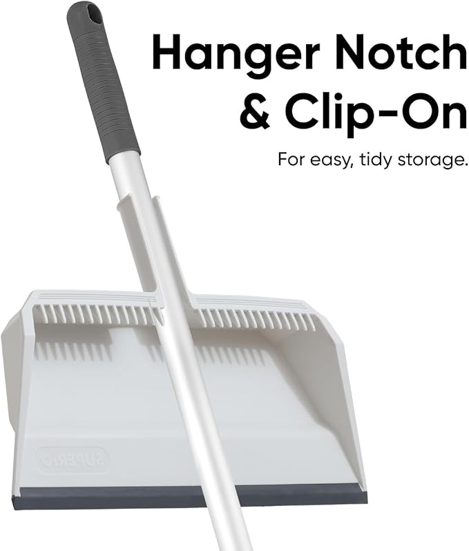 Superio 18" Horse Hair Upright Broom and 16" Dustpan with Comb – Narrow Thin Dust Broom for Dog Hair – Telescopic Handle – Floor Cleaning Set for Hardwood & Tile – Gray/White