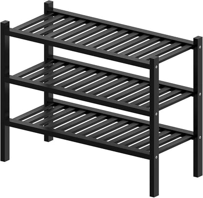 RONGJlA 3 Tier Bamboo Shoe Rack for Closet Free Standing Wood Shoe Shelf Storage Organizer for Entryway Small Space Stackable, Black