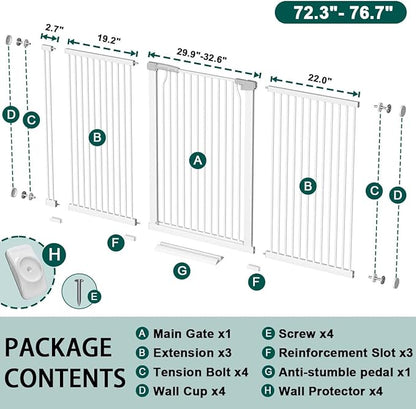 Fairy Baby 40.5" Extra Tall Baby Gate, 72.3"-76.7" Extra Wide Long Pet Gate, Metal Auto Close Safety Child Gate Indoor, Pressure Mounted Dog Gate No Climb Fence for Stairs Doorways Kid or Pet, White