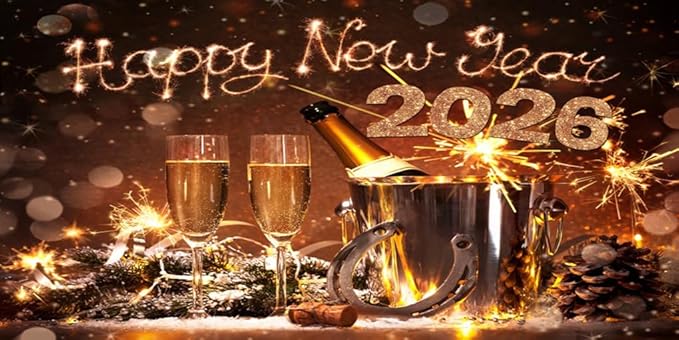 AOFOTO 15x8ft Happy New Year 2026 Backdrop Champagne Wine Beer Gold Sparklers Fireworks Bokeh Light Spot New Year's Eve Backdrop Banner Carnival Celebration Background Party Decorations Props