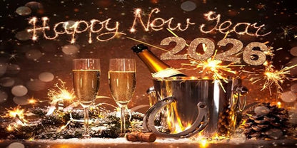 AOFOTO 15x8ft Happy New Year 2026 Backdrop Champagne Wine Beer Gold Sparklers Fireworks Bokeh Light Spot New Year's Eve Backdrop Banner Carnival Celebration Background Party Decorations Props