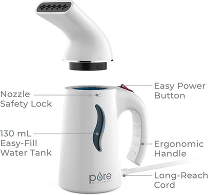 Pure Enrichment PureSteam Portable Fabric Steamer - Handheld Travel Garment Steamer Removes Wrinkles & is Safe on All Fabrics - Fast-Heating, Lightweight, Auto Safety Shut-Off, & Long Cord (White)