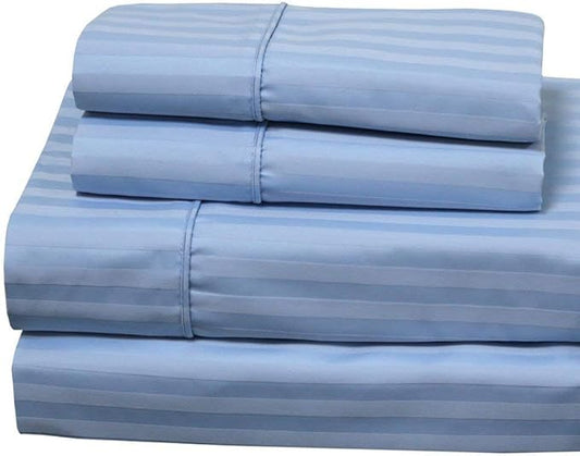 Royal Hotel Bedding 620-Thread-Count Sheet Set, Wrinkle-Free Cotton-Blend Sheets, Sateen Striped, Extra-Deep-Pocket, Queen Size, Blue