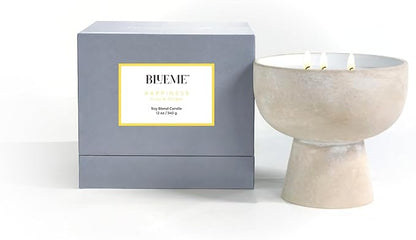 Blueme Happiness Candle | Yuzu & Ginger | 3 Wick - Refillable Wellness Candle with Essential Oils, Hand Finished & Poured Soy Wax Blend Ceramic Vessel, Natural Cotton Wicks | Medium 12 oz
