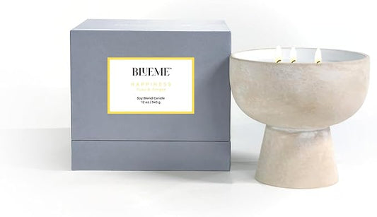 Blueme Happiness Candle | Yuzu & Ginger | 3 Wick - Refillable Wellness Candle with Essential Oils, Hand Finished & Poured Soy Wax Blend Ceramic Vessel, Natural Cotton Wicks | Medium 12 oz
