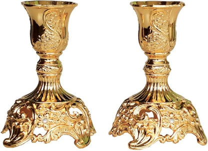 Taper Candle Holders with Deluxe Engraved Design, Set of 2 Premium Candlestick Holders in Gold