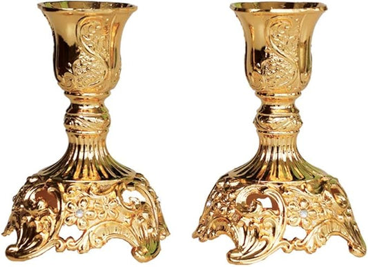Taper Candle Holders with Deluxe Engraved Design, Set of 2 Premium Candlestick Holders in Gold