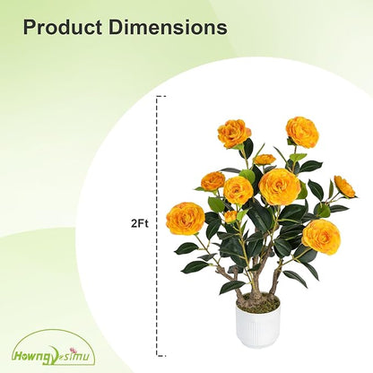 2 Pack Artificial Camellia Tree with White Pot, 24" Faux Potted Plants for Indoor Outdoor Decor, Tall Silk Greenery Plant for Home Office Living Room Balcony, Orange