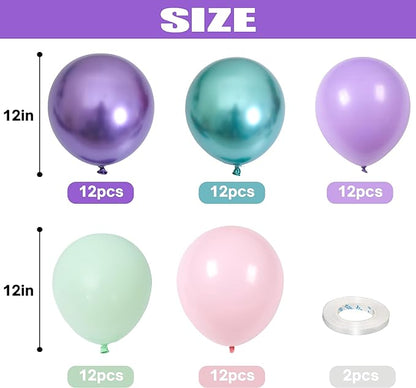 Mermaid Party Balloon Set, 60 Packs 12 Inches Metallic Purple Pink Green Blue Latex Balloons for Girls Mermaid Birthday Party Decoration, Baby Shower, Birthday, Under The Sea Party Decorations