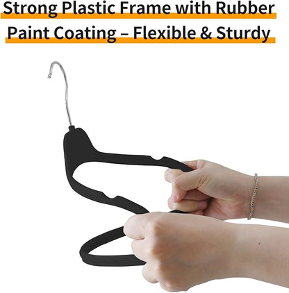 Non-Slip Rubber Coated Hangers, 30 Pack Plastic Clothes Hangers with 360° Swivel Hook 17.7 Inches Slim Space Saving Hangers for Adult Clothes Shirts Dresses Pants, Black