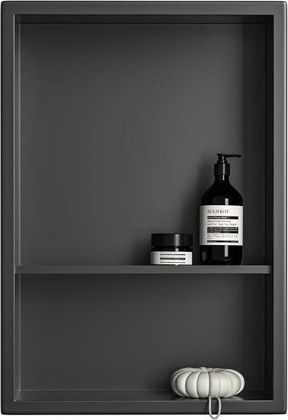 Stainless Steel Shower Niche 18" X 12" Matte Black No Tile Needed Niche for Shower Wall with Two-Tier Shelves Recessed Wall Niches for Bathroom Storage Over Mount Installation