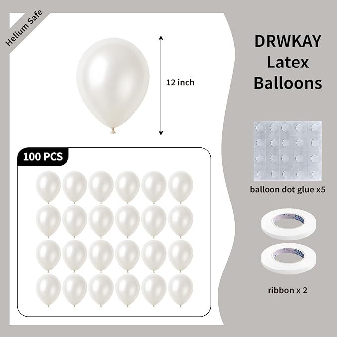 Pearl White Balloons 100 Pack, 12 Inch Latex Helium Pearl White Balloons Garland for Elegant Birthday Wedding Baby Shower Graduation Arch Party Decorations