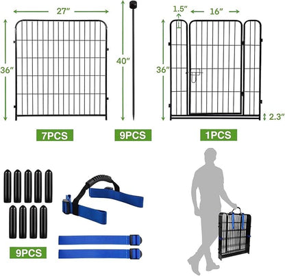 ADAVIN Garden Fence Panels, 36 Inch High, Black, Modern Style, 8 Panels Total 17.7 Ft(L) Tall, Low Threshold Door, Anti-Dig Fence Barrier