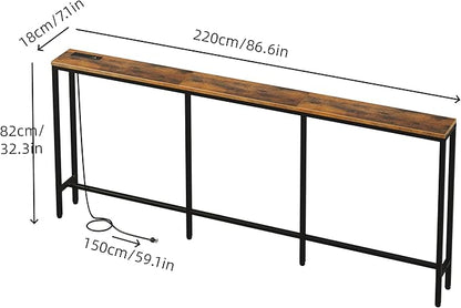 86.6" Behind Couch Table with Fast Charging Station, 7.1" Narrow Skinny Sofa Table with 2 Power Outlets, 2 USB-A, USB-C for Console Entryway, Rustic Brown