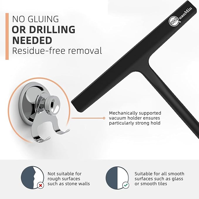 Squared Shower Squeegee with Hook, 11 inch Stainless Steel Silicone Core All-Purpose Household Window Mirror Cleaner Tool Bathroom Squeegee for Glass Doors,Car Cleaning,Tile Wall,Black
