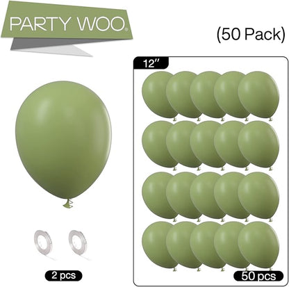 PartyWoo Olive Green Balloons 50 pcs 12 Inch Matte Sage Boho Green Eucalyptus Helium Balloons for Wedding Baby Shower Gender Reveal Birthday Graduation Jungle Safari Party Decorations Green-F06