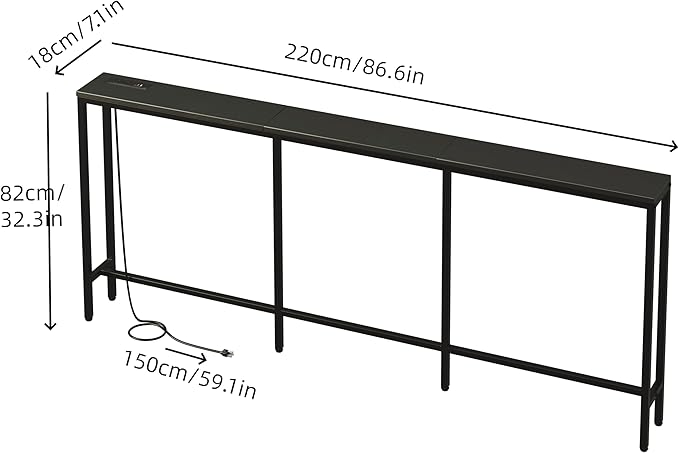 86.6" Behind Couch Table with Fast Charging Station, 7.1" Narrow Skinny Sofa Table with 2 Power Outlets, 2 USB-A, USB-C for Console Entryway, Black