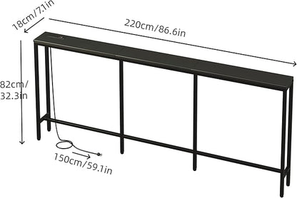 86.6" Behind Couch Table with Fast Charging Station, 7.1" Narrow Skinny Sofa Table with 2 Power Outlets, 2 USB-A, USB-C for Console Entryway, Black