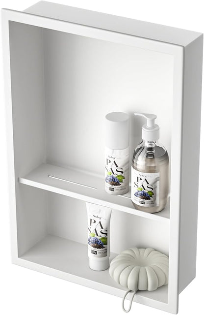 Stainless Steel Shower Niche 18" X 12" White with 2-Tiers Shelf No Tile Needed Niche Shower for Bathroom Storage Recessed Wall Niches Over Mount Installation