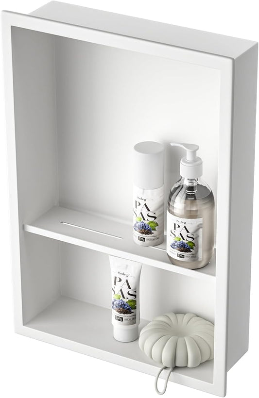 Stainless Steel Shower Niche 18" X 12" White with 2-Tiers Shelf No Tile Needed Niche Shower for Bathroom Storage Recessed Wall Niches Over Mount Installation
