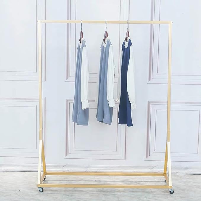 Modern Simple Heavy Duty Metal Rolling Clothing Garment Rack with Wheel,Creative Commercial Wedding Dress Display Shelf,Single Rod Floor-Standing Clothes Hangers (Gold without Wood, 47.2" L)