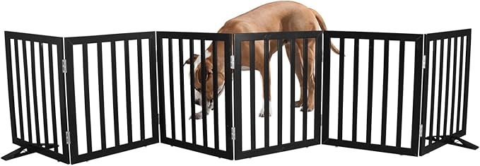 Dog Gate Indoor, Freestanding Dog Fence for The House, Doorways, Hallways,or Stairs,Pet Gate Foldable Wooden,Expandable 24" Height 6 Panels,Black