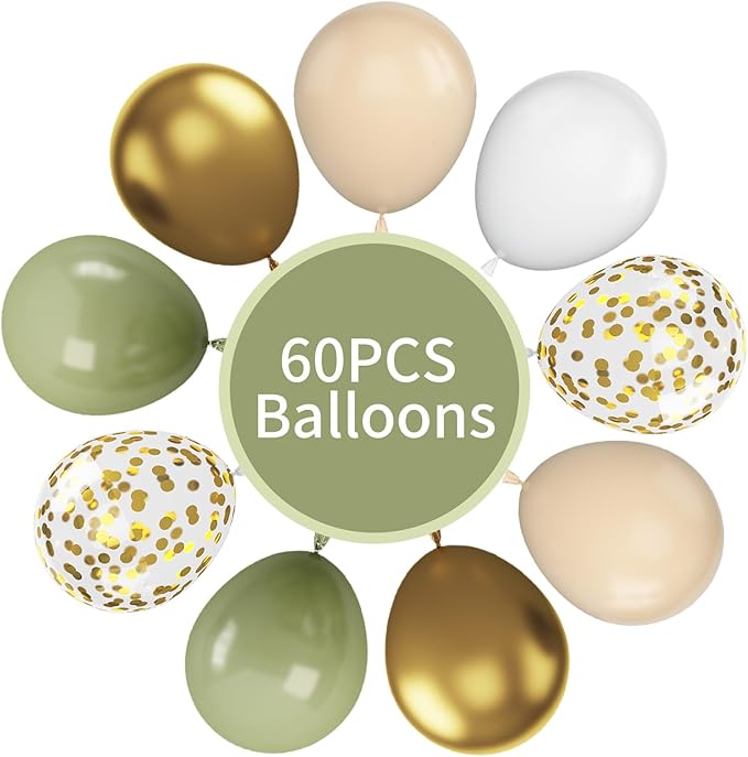 Green & Gold Balloons - 60 Pcs Sage Green & Apricot, 12 Inch Metallic Gold Confetti, Retro Green Latex for Baby Shower, Wedding, Birthday, Jungle Animal Theme Party Decorations
