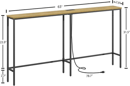 63 Inch Console Table with Power Outlet,Modern Narrow Long Sofa Table Behind Couch,Skinny Entry Table with Black Metal Frame for Entryway,Living Room, Hallway,3D Oak