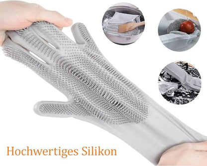 2 pairs Silicone Dishwashing & Pet Grooming Gloves - 2-in-1 Heat Resistant Gloves with High-Density Teeth, Enhanced Five Finger Design for Bathing, Cleaning Dishes, Cars, Dogs & Cats (Gray)
