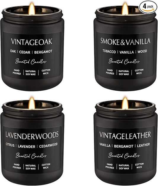 Scented Candles Gift Set - 4 Pack (7oz Each) Soy Wax Aromatherapy Candles with Essential Oils, Smokeless - Leather & Smoke, Vanilla Oakmoss, Lavender - Relaxing Fragrance for Home, Office, Yoga