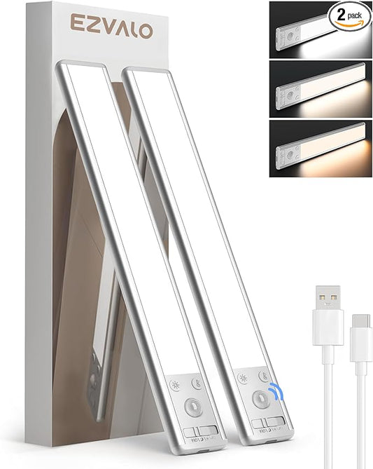 EZVALO 10inch Under Cabinet Lighting, 2500mAh Rechargeable Motion Sensor Lights Indoor with 3 Color Temps, 2 Pack Magnetic Closet Light, 80 LED Dimmable Under Counter Lights for Kitchen, Shelf, Stair