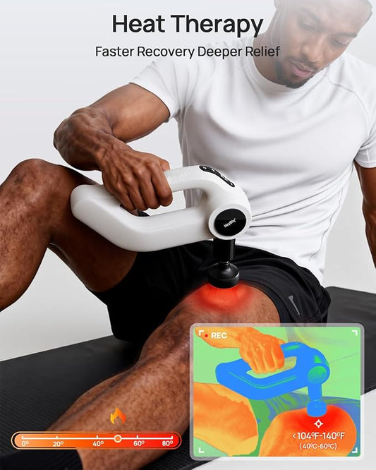 Massage Gun Deep Tissue with Heat Therapy, 12mm Amplitude Muscle Massager for Athletes, 5 Speeds & 4 Modes Massager Gun for Neck Back Shoulder Leg Pain Relief - Ideal Gift for Men, White