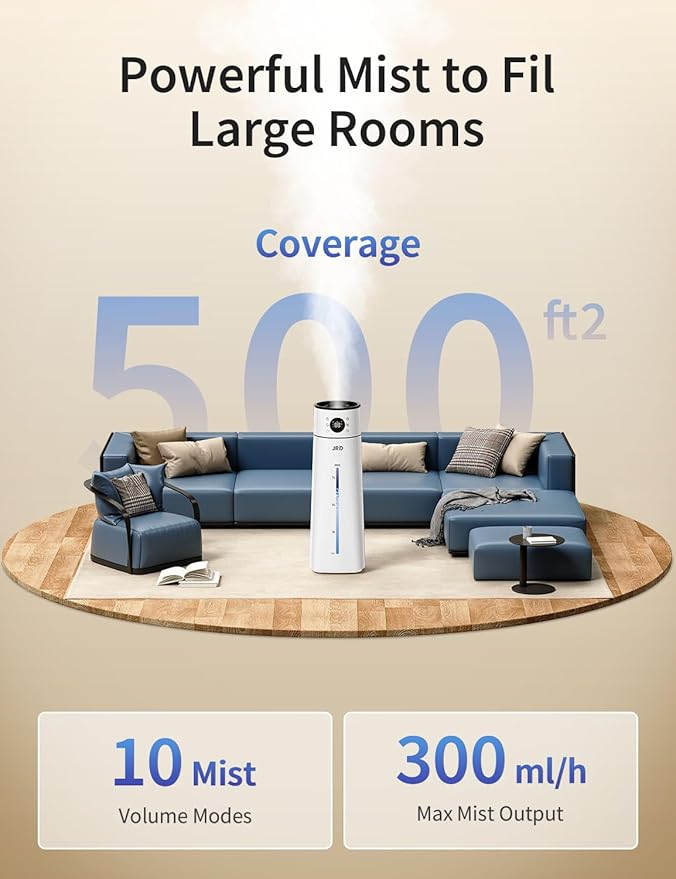 JRD Humidifier Large Room 8L/ 2.1Gal, Ultrasonic Cool Mist for Bedroom, Quiet Humidifier with Remote Control, 10 Mist Modes, 24H Timer, AI Mode for Baby Home Office Adults Plants