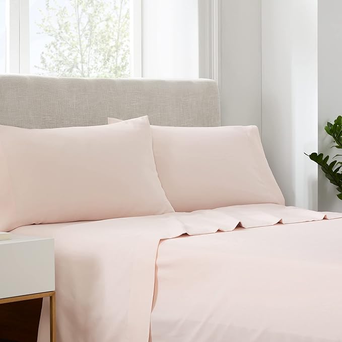 Serta Simply Clean Super Soft Hypoallergenic Stain Resistant Deep Pocket 3 Pieces Solid Bed Sheet Set, Twin, Blush Pink