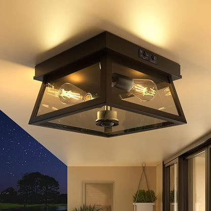 Motion Sensor Outdoor Ceiling Light, Flush Mount Black Porch Ceiling Lights Adjustable 2-Light Fixture with E26 Sockets, Closed Bottom, Glass and Metal for Garage, Patio, Hallway, Farmhouse