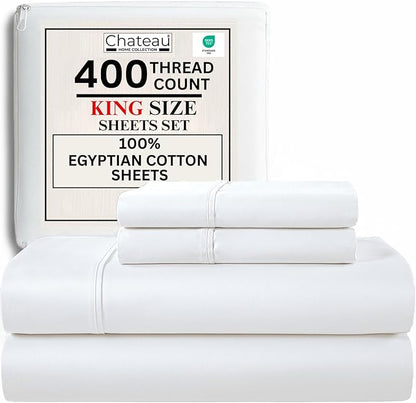 100% Egyptian Cotton Sheets King Size Sheets Set With Fully Elasticated Fitted Sheet & Pillowcase Sets, 400 Tc Hotel Collection Deep Pocket King Sheet Set, No Pill Soft Breathable Luxury White Bedding