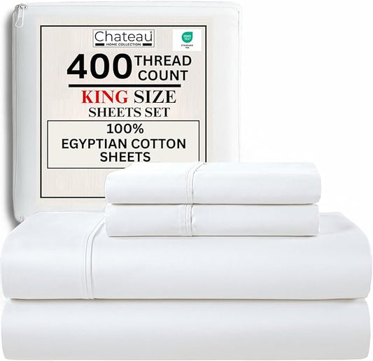 100% Egyptian Cotton Sheets King Size Sheets Set With Fully Elasticated Fitted Sheet & Pillowcase Sets, 400 Tc Hotel Collection Deep Pocket King Sheet Set, No Pill Soft Breathable Luxury White Bedding