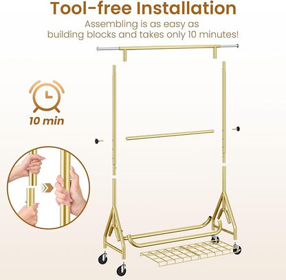 Heavy Duty Clothes Rack for Hanging Clothes, Double Rods Clothing Rack with Lockable Wheels, Rolling Metal Garment Racks Heavy Duty, Portable Wardrobe Closet Racks, Gold