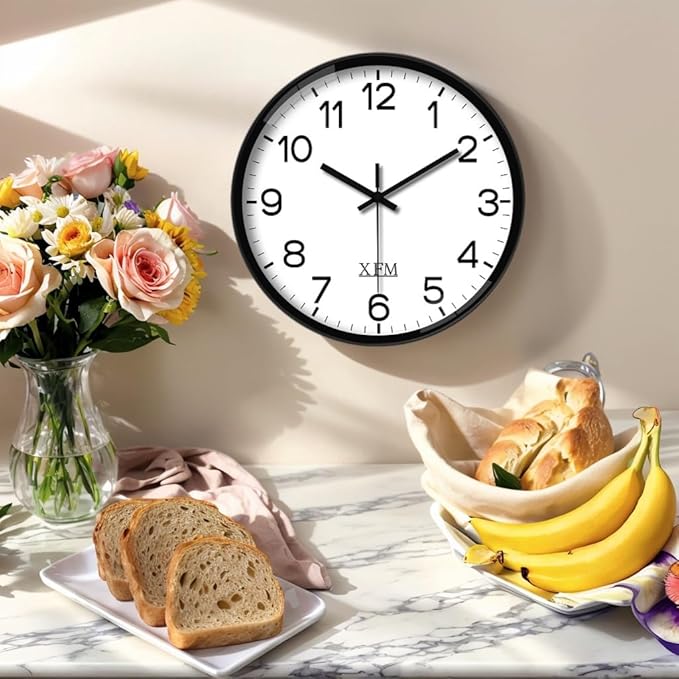 XFM Wall Clock Black Silent Wall Clocks Battery Operated 14 Inch Modern Non Ticking Analog Clock Decorative for Kitchen Office Bathroom Bedroom