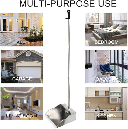 Metal Dustpan Long Handle Stainless Steel Dustpan,Heavy Duty Standing Dust Pan with Teeth, Indoor Outdoor Up for Home Kitchen Lobby Room Office