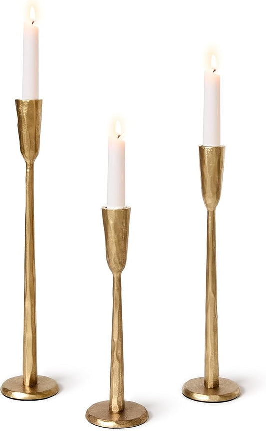 Cast Iron Taper Candle Holder Set of 3, Vintage Candlestick Holders Decorative Candle Stand, Tapered Candle Holders Tall Set for Wedding, Holiday, Home Decor, Christmas Decoration (Gold)