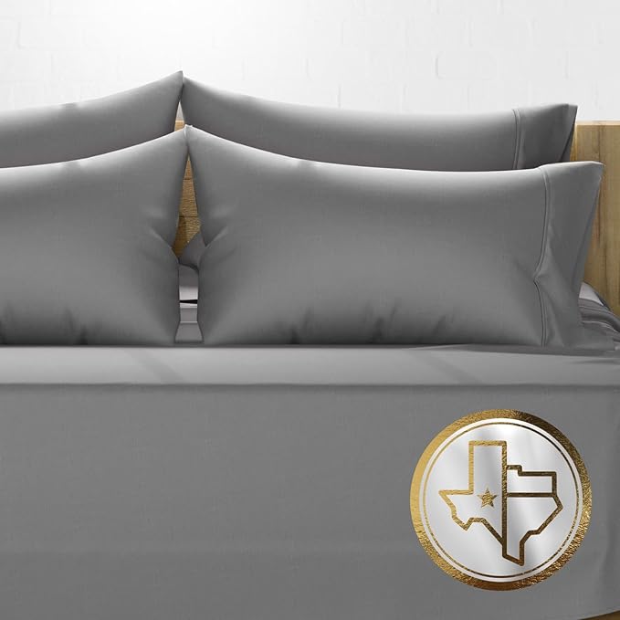 TEXAS LINEN CO. Luxury Egyptian Cotton King Size Sheet Set - 1000 Thread Count 6 Piece King Sheets with 4 Pillowcases, Soft, Cooling Sateen Weave Bed Sheets - Fits Upto 18” Deep Pocket - Dark Grey